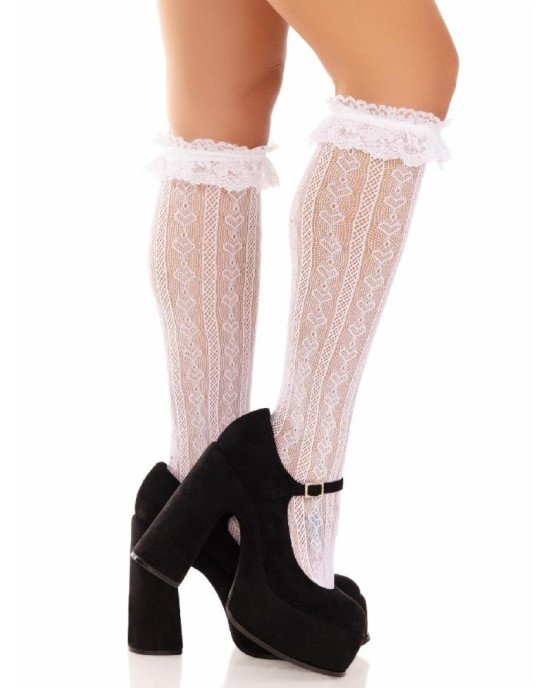 Шкарпетки ажурні з рюшами Leg Avenue Sweetheart Ruffle Cuff Knee Highs White, високі Шкарпетки ажурні з рюшами Leg Avenue Sweetheart Ruffle Cuff Knee Highs White, високі
