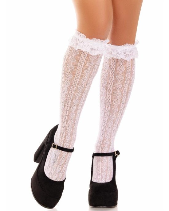 Шкарпетки ажурні з рюшами Leg Avenue Sweetheart Ruffle Cuff Knee Highs White, високі Шкарпетки ажурні з рюшами Leg Avenue Sweetheart Ruffle Cuff Knee Highs White, високі