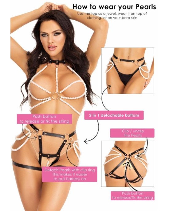 Комплект із перлинами Leg Avenue Faux Pearl Halter Harness M