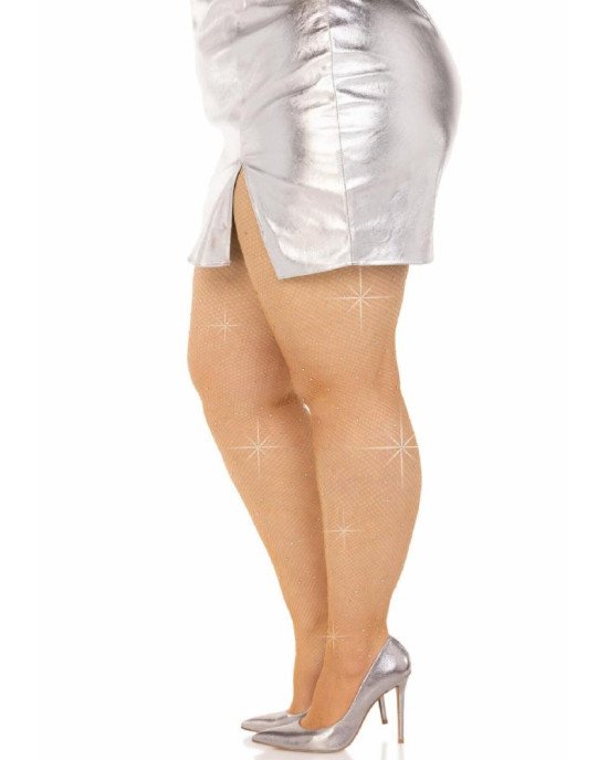 Колготки Leg Avenue Rhinestone micro net tights Plus size Caramel, дрібна сітка, стрази