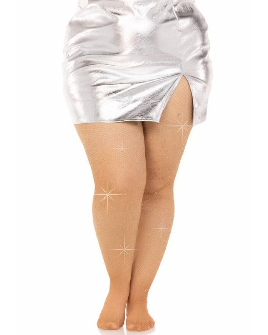 Колготки Leg Avenue Rhinestone micro net tights Plus size Caramel, дрібна сітка, стрази