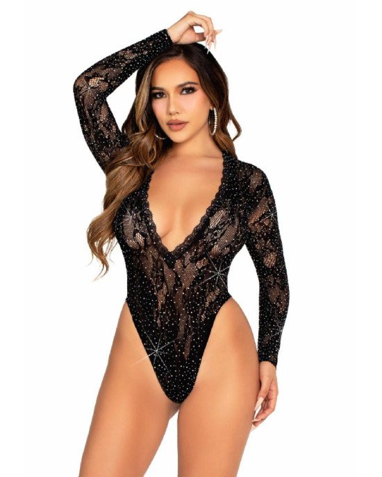 Боді Leg Avenue Rhinestone Lace Deep-V Bodysuit One Size, Black Боді Leg Avenue Rhinestone Lace Deep-V Bodysuit One Size, Black