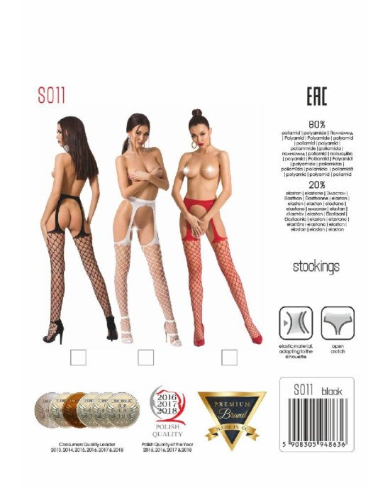 Сітчасті панчохи-стокінги Passion S011 One Size, Black, імітація гартерів, відкритий доступ