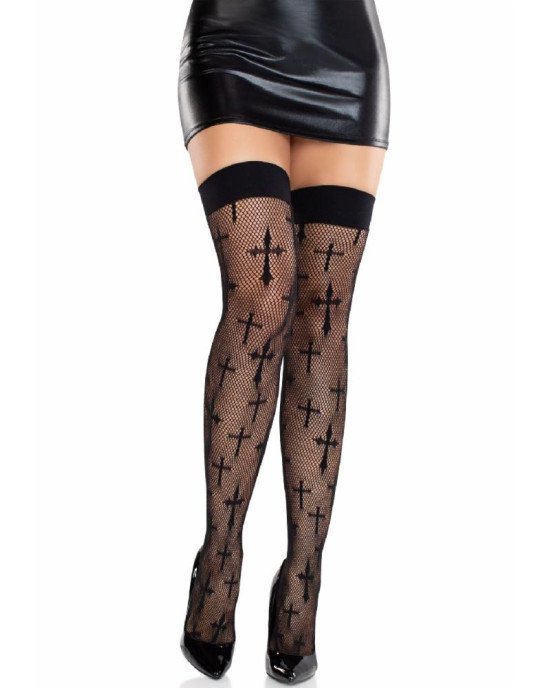 Панчохи Leg Avenue Worship Me Cross Net Thigh Highs One Size