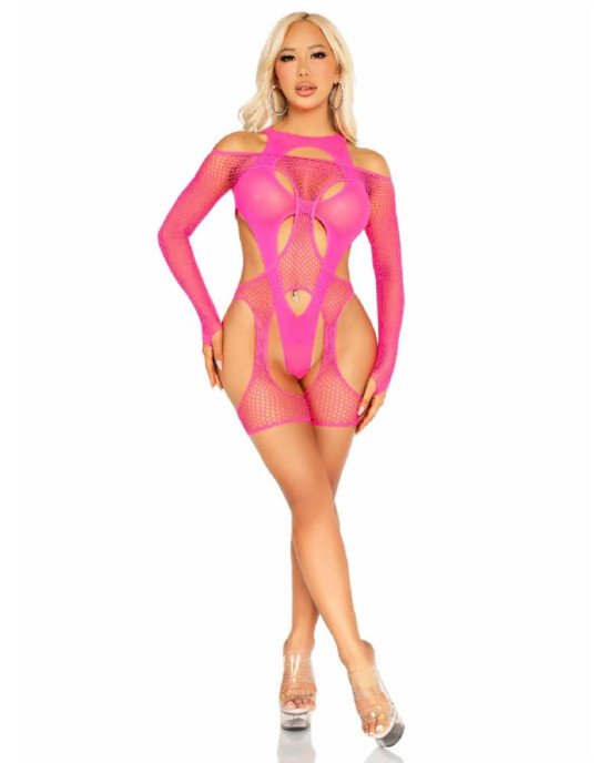 Бодістокінг Leg Avenue Fishnet Garter Harness and Teddy One Size Neon Pink Бодістокінг Leg Avenue Fishnet Garter Harness and Teddy One Size Neon Pink