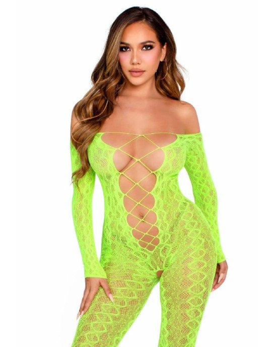 Бодістокінг Leg Avenue Crotchless Footless Lingerie Bodystocking One Size Neon Green Бодістокінг Leg Avenue Crotchless Footless Lingerie Bodystocking One Size Neon Green