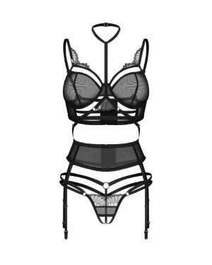 Комплект Obsessive Premisis Black 3-pcs crotchless set 2XL/3X Комплект Obsessive Premisis Black 3-pcs crotchless set 2XL/3X