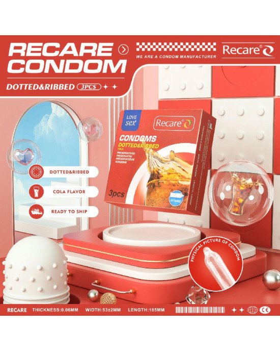 Презервативи Recare Cola Dotted&Ribbed Condoms 3 шт, з пухирцями та ребрами, аромат: Кола Презервативи Recare Cola Dotted&Ribbed Condoms 3 шт, з пухирцями та ребрами, аромат: Кола