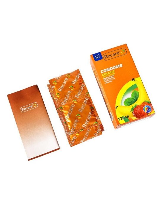 Презервативи Recare Color Fruit Flavour Condoms 12 шт, аромати: м'ята, банан, полуниця Презервативи Recare Color Fruit Flavour Condoms 12 шт, аромати: м'ята, банан, полуниця