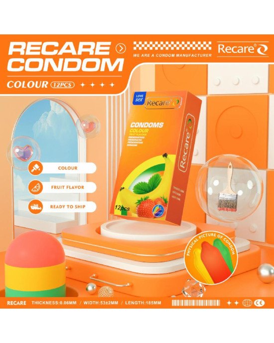 Презервативи Recare Color Fruit Flavour Condoms 12 шт, аромати: м'ята, банан, полуниця Презервативи Recare Color Fruit Flavour Condoms 12 шт, аромати: м'ята, банан, полуниця