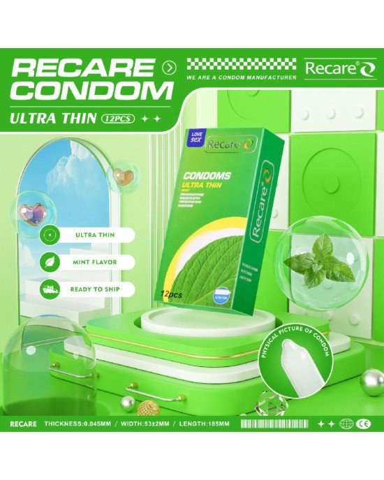Презервативи Ultra Thin Mint Condoms Recare 12 шт, ультратонкі, аромат: м'ята Презервативи Ultra Thin Mint Condoms Recare 12 шт, ультратонкі, аромат: м'ята