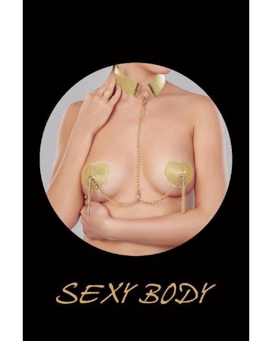 Пестис-сердечка з пензликами та чокером JSY Nipple Sticker RT236114 Golden