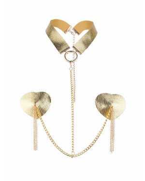 Пестис-сердечка з пензликами та чокером JSY Nipple Sticker RT236114 Golden