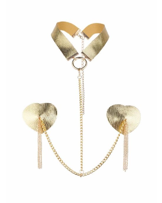 Пестис-сердечка з пензликами та чокером JSY Nipple Sticker RT236114 Golden