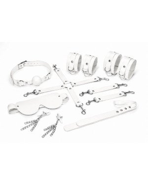 Набір Feral Feelings BDSM Kit 7 White, наручники, поножі, конектор, маска, падл, кляп, затискачі