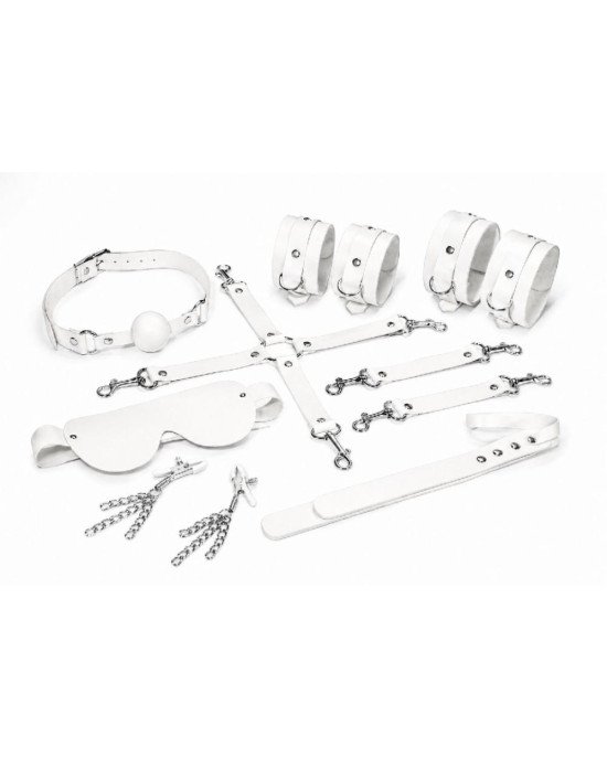 Набір Feral Feelings BDSM Kit 7 White, наручники, поножі, конектор, маска, падл, кляп, затискачі Набір Feral Feelings BDSM Kit 7 White, наручники, поножі, конектор, маска, падл, кляп, затискачі