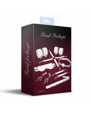 Набір Feral Feelings BDSM Kit 7 White, наручники, поножі, конектор, маска, падл, кляп, затискачі