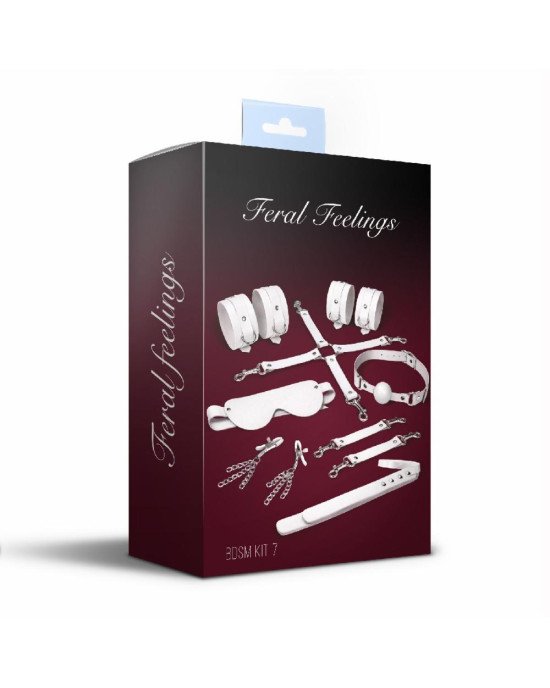 Набір Feral Feelings BDSM Kit 7 White, наручники, поножі, конектор, маска, падл, кляп, затискачі Набір Feral Feelings BDSM Kit 7 White, наручники, поножі, конектор, маска, падл, кляп, затискачі