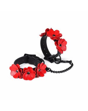 Наручники Liebe Seele Flower Rhythm - Black and Red Leather Flowers Hand Cuffs